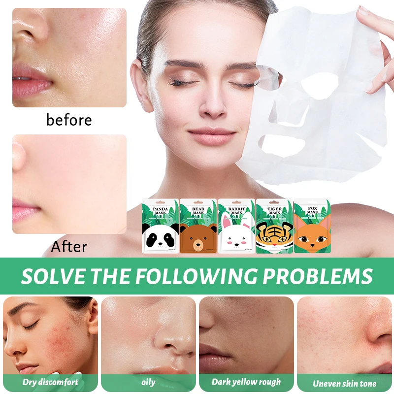 Wholesale Hot Sale Beauty 5 Types Face Sheet Mask Firming Brightening Cute Animal Hydrating Skin Care Facial Mask