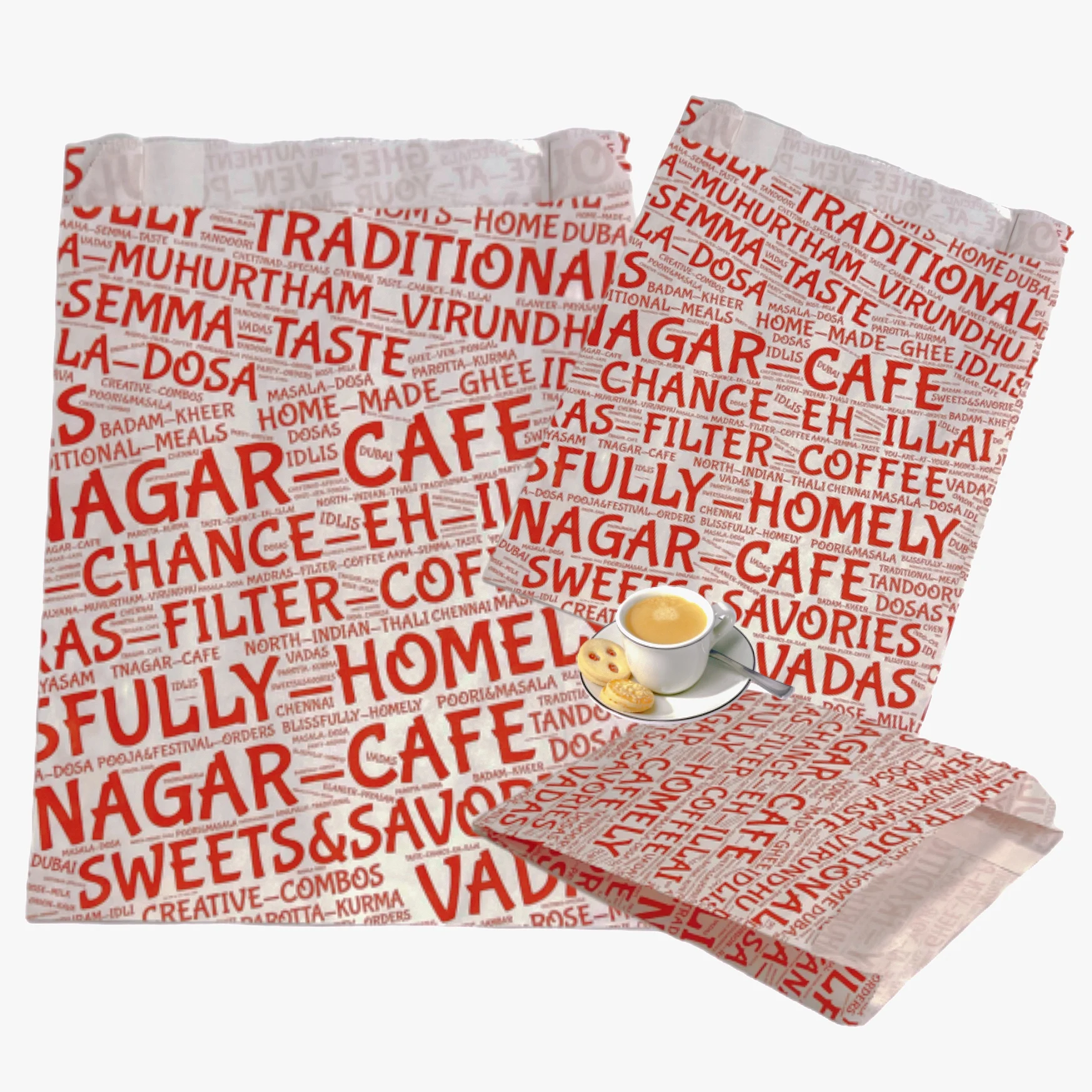 Custom Cafe Food Packaging Bag Pastry Goodie Party Bag Sweets Bread Savories Wax Paper Bags Printed Logo Red Greaseproof Paper