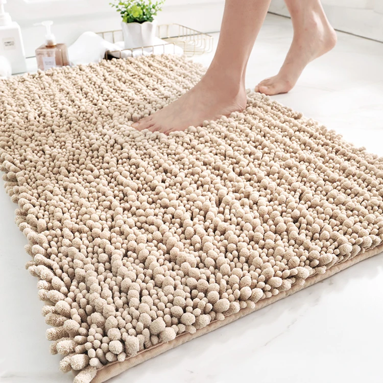 Washable white green grey microfiber shaggy absorbent chenille bath mat non slip shower mat