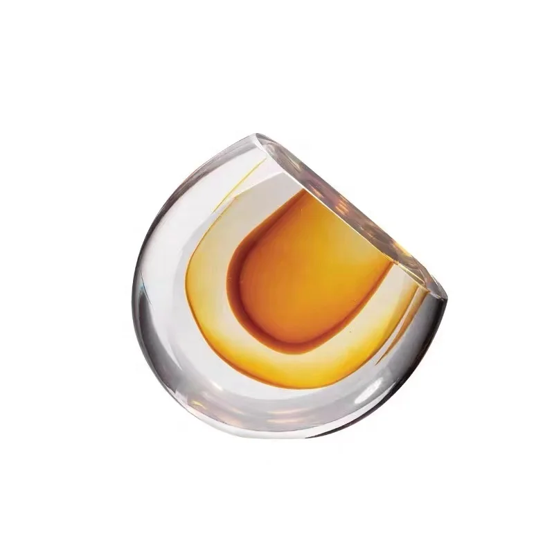 Bixuan Handmade Mouthblown Art Glass Vase Ripple Layering Amber Solid Color Table Decor Centerpieces Thick Glass Vase, 14cm