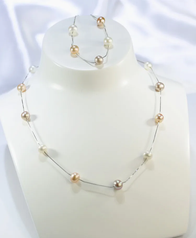 6mm Round Multi Color S925 Silver Chain Freshwater Natural Pearl Jewelry Set