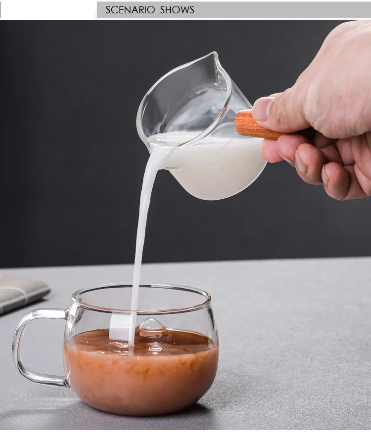 Горячая распродажа дешевая термостойкая прозрачная кофейная стеклянная мерная чашка с деревянной ручкой