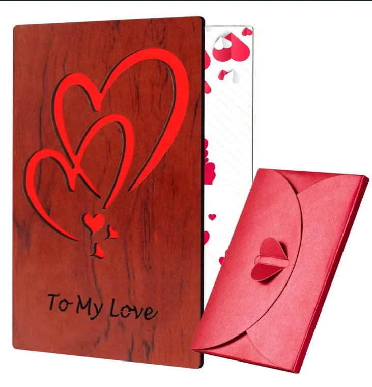 Hot Sale Custom Valentines Day With Red Heart Envelope Wooden Greeting Card For Wedding Decorations