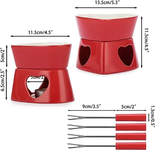 Butter Warmer Fondue Set Custom Ceramic Chocolate Warmer Cup Cheese Fondue Red Heart Shaped Fondue Pot with 4 Forks