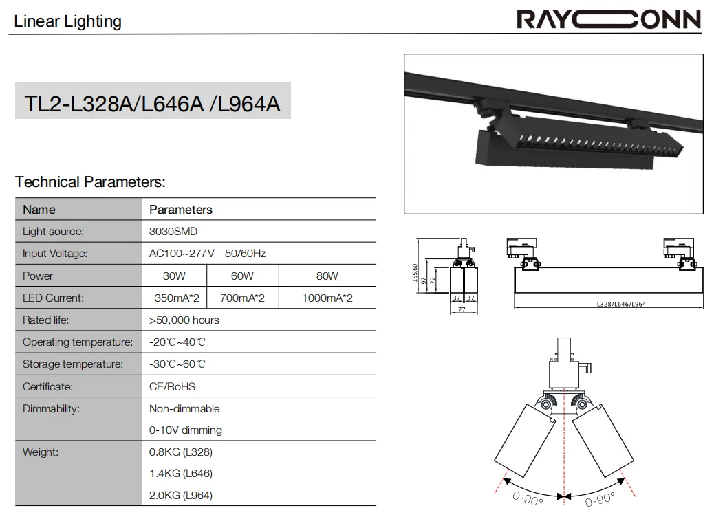SMD accent track lighting 0-10V dimming moving head 90 degree led linear light fixture