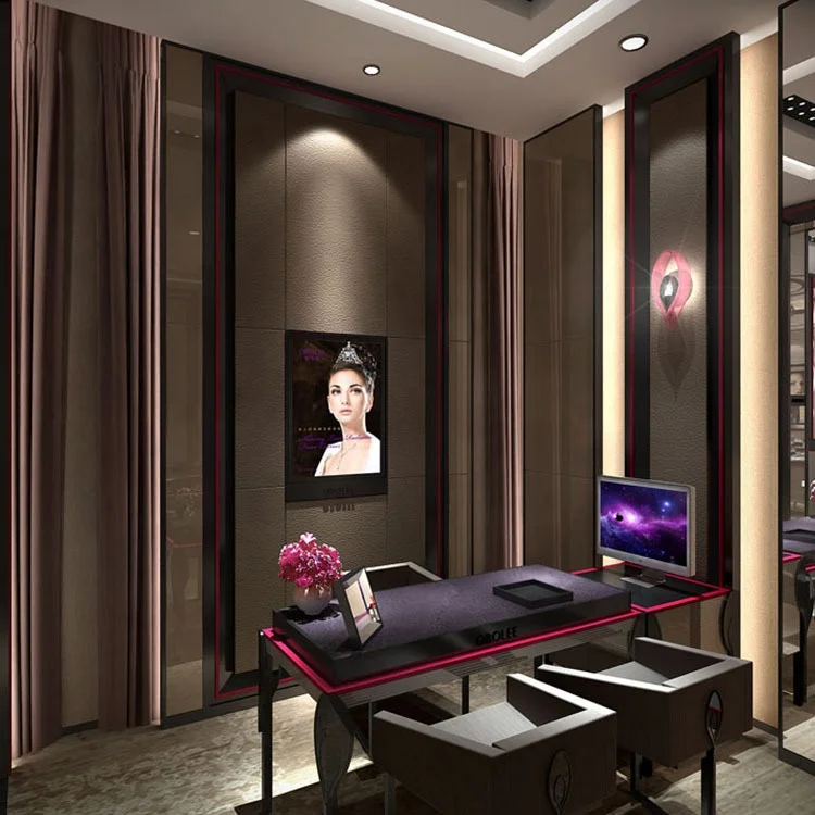 Latest Jewelry Shop Interior Design Display Cabinet Custom Glass Gold Metal Jewelry Mirror Cabinet Jewellery Showcase Display