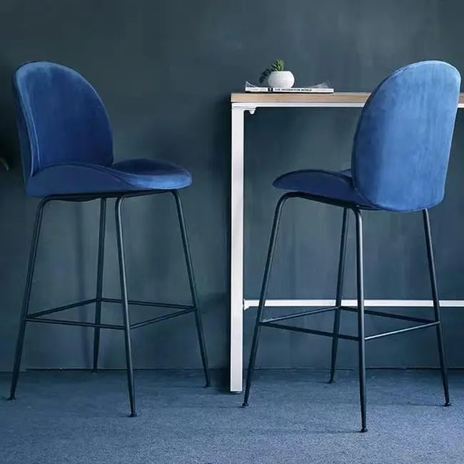 Fashion Metal Chair Barstool with 75cm Height Blue Velvet Upholstered Seat Gold Leg Bar Chairs