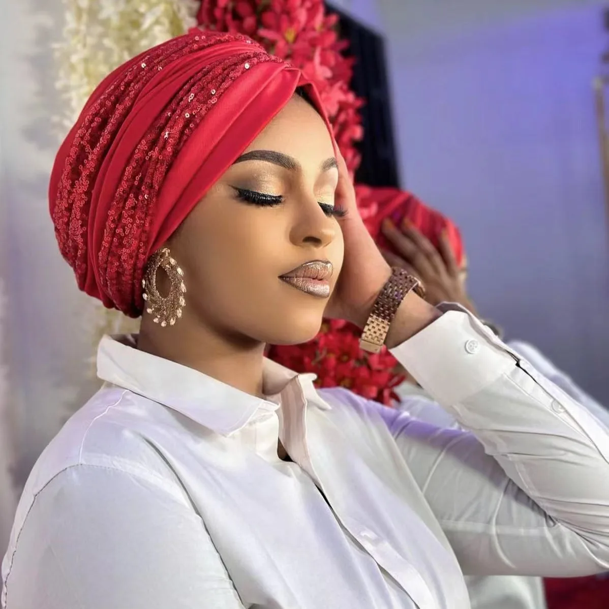 HZM-24278 Muslim Women Stretch Turban Women Sequin Head Turban For Women
