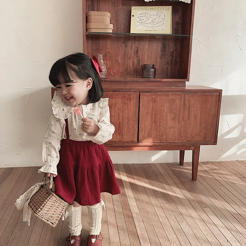 
6533/Beige hot selling spring fashion cherry girls shirt sweet turn down collar shirt 