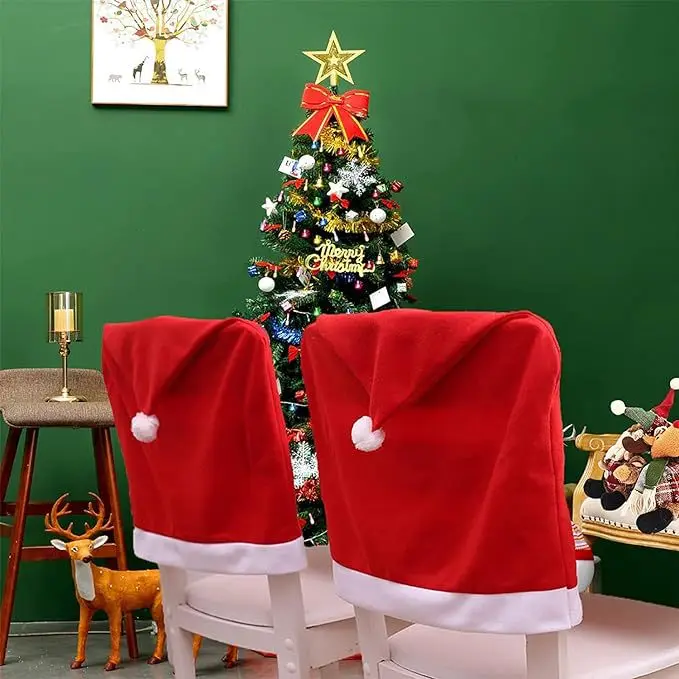 2024 Christmas Chair Cover Dinner Table Red Santa Claus Hat Chair Back Cover Christmas Decoration Home Party Decor Supplies