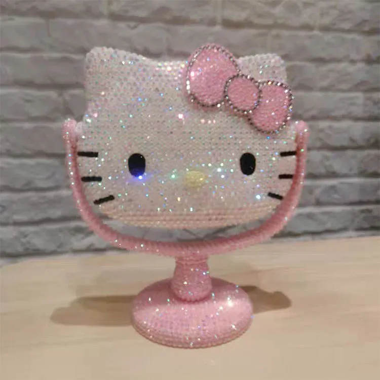 Makeup Mirror Pink hello kitty lash hand mini mirror with diamonds custom logo hello kitty bling mirror