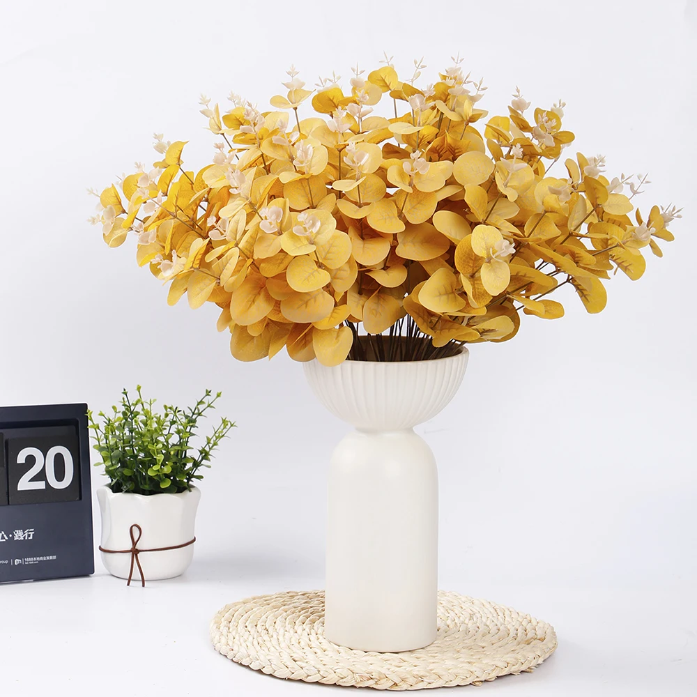 16-Head Artificial Leaves Fake Flocking Eucalyptus Plant Home Garden Wedding Party Decor Decorative Flower Greeny