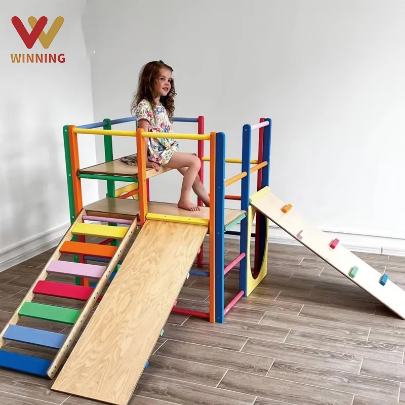 2024 New Design Kids Wood Climbing Frame Slide And Climbing Frame Net Scaling Ladder Swing Indoor Climbing Frame For Kids