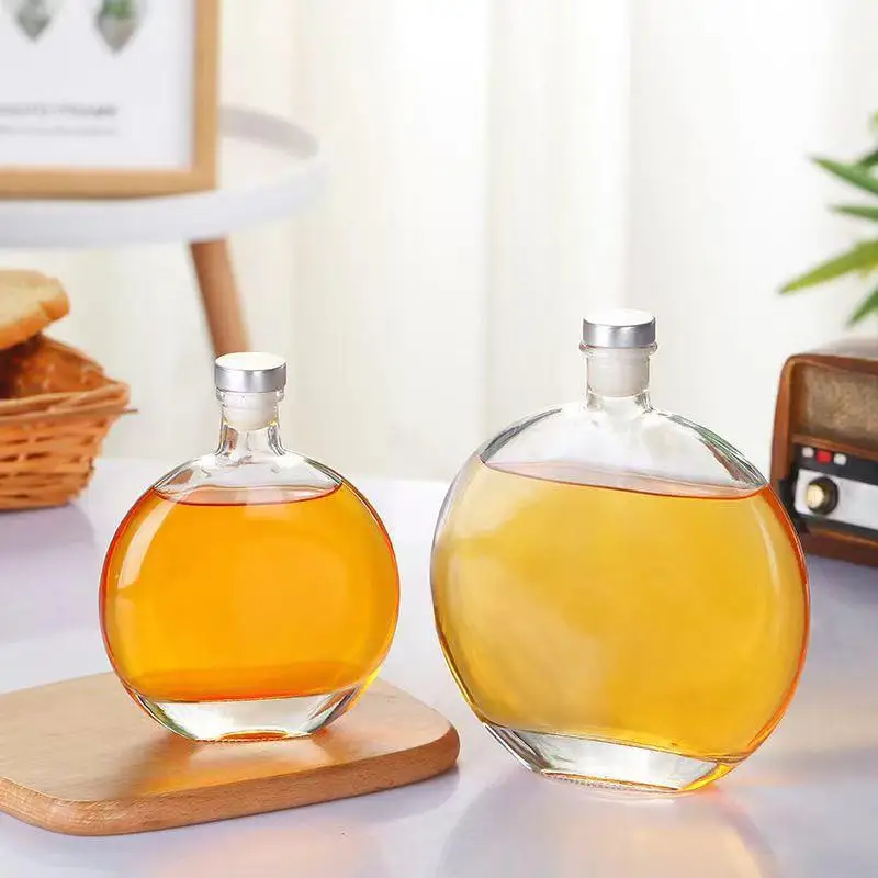 Hot Selling Fancy 250ml 500ml Flat Round Gin Glass Bottle For Coffee Liquor Wine Glass Bottle With Cork Stopper