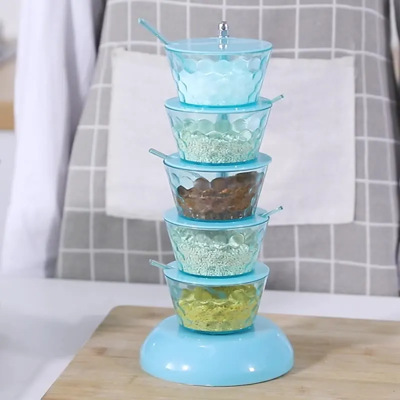 Hot Product Kitchen Accessories Seasoning Jar With Spoon 5 Layers Plastic Condiment Storage Jar Rotating Seasoning Box