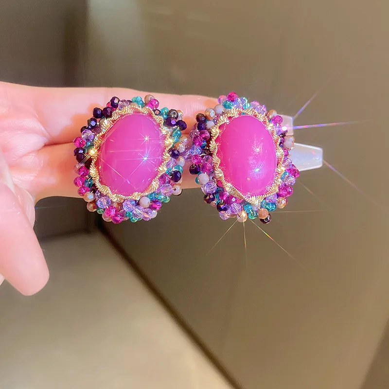 Fashion retro artistic high-end big pearl earrings silver needle inlaid color diamond rose red crystal oval earrings for women