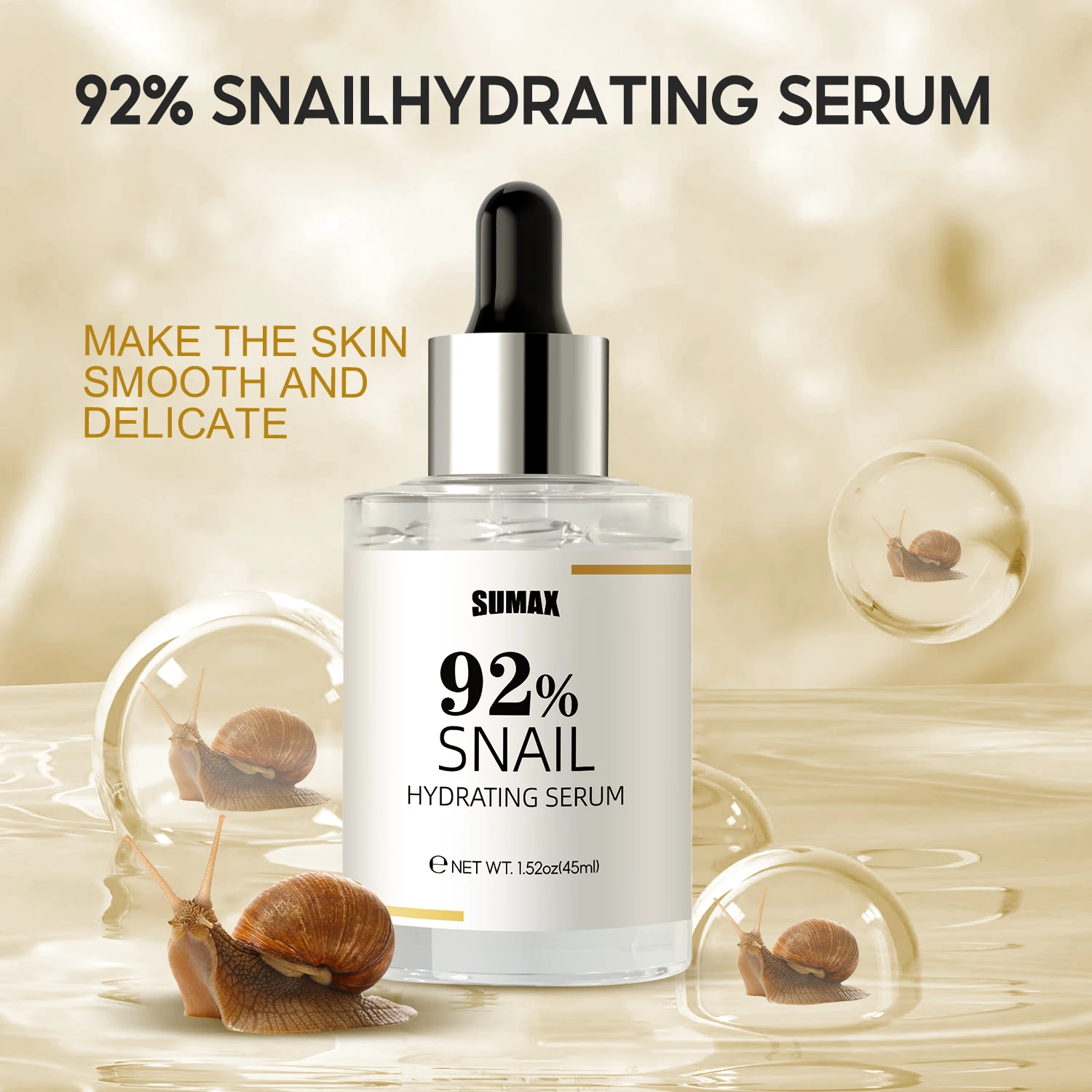 Sumax New Facial 92% Snail Hydrating Serum Firming Skin Smoother Wholesale OEM Private Label 45ml Glass Bottle Face Care Serum