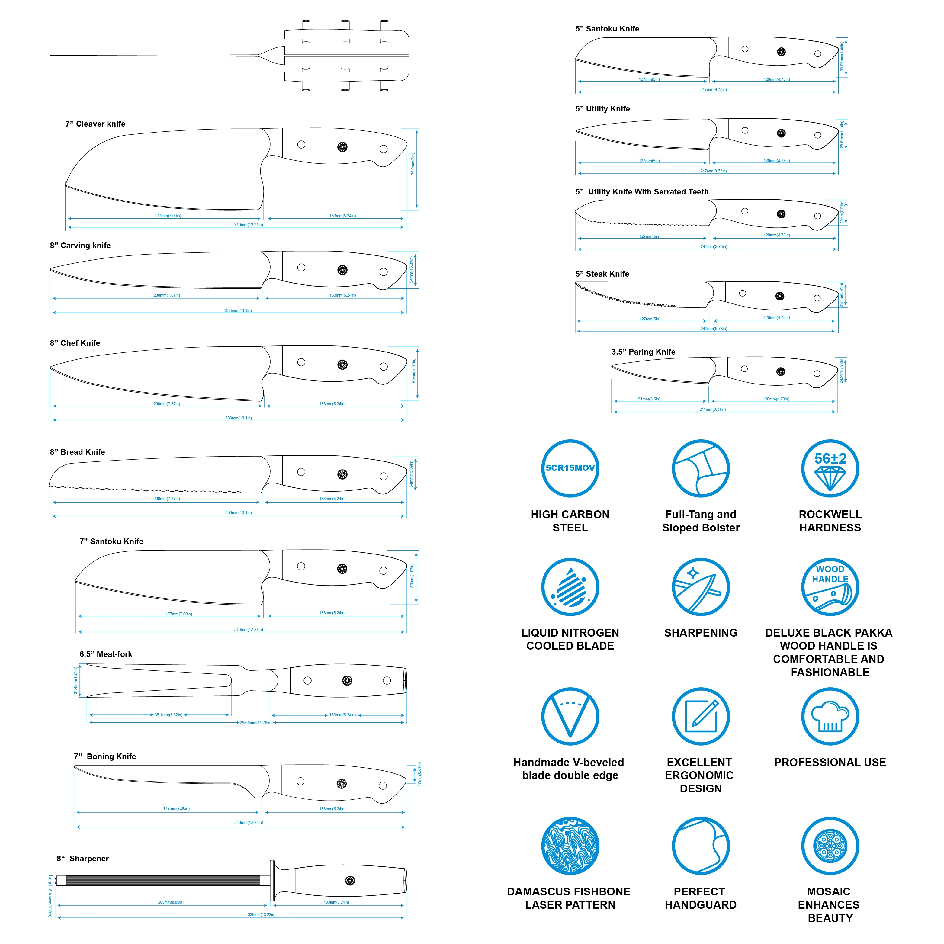 
KONOLL 5inch Carbon Steel Professional Japanese Santoku Knife With Laser 