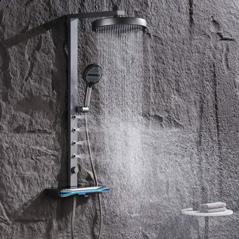 Top1 Piano Key Gray Bathroom Digital Display Faucet Shower System Set Bathtub Hot and Cold 3 Functions Tap Smart Shower Set