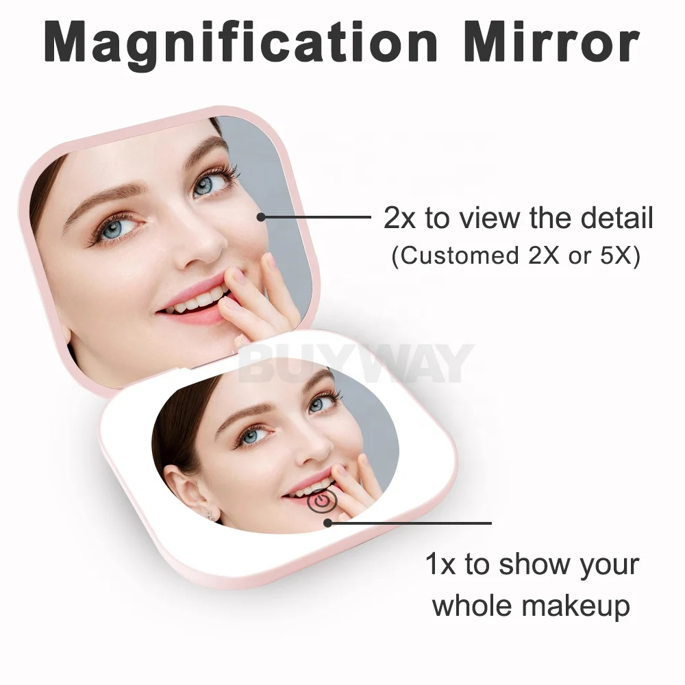 1x 10x Wholesale OEM Handheld Mirror Private Label Compact Pocket Mirror LED Lights Travel Small Portable Espejo Makeup Mirror