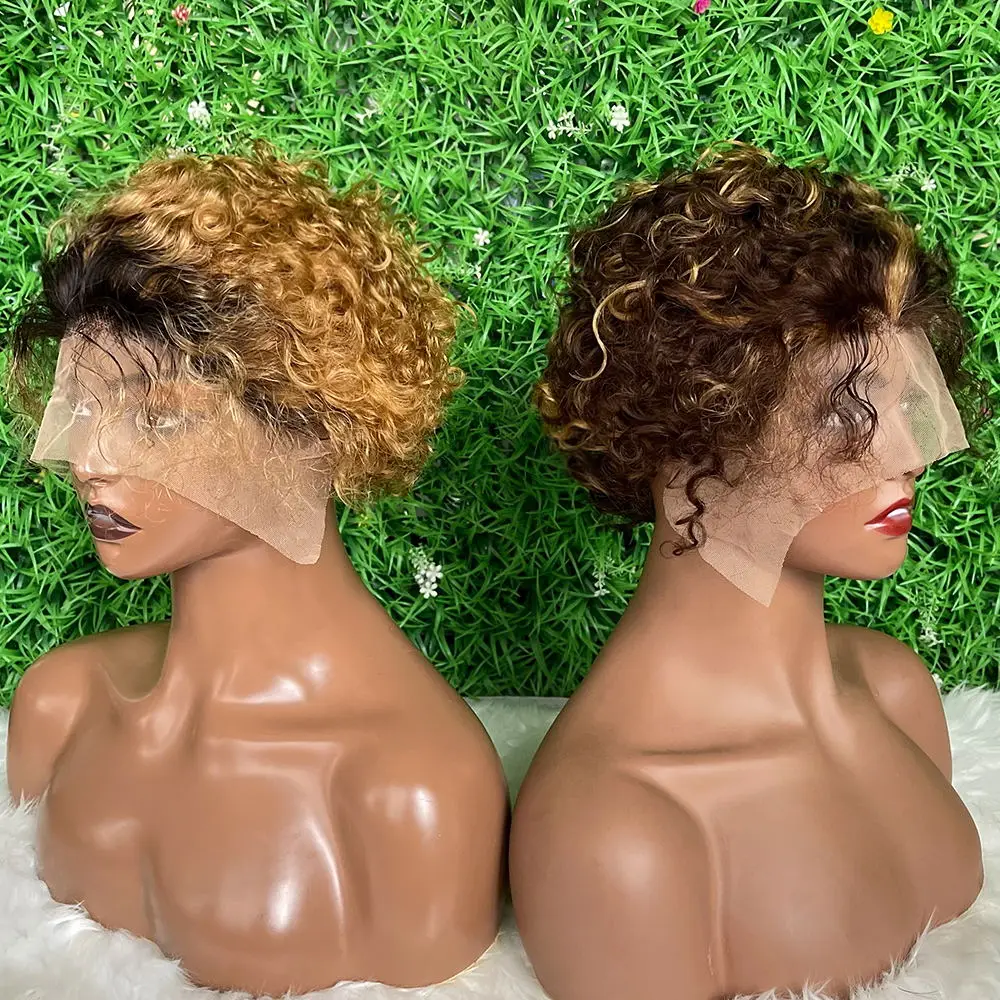 Transparent blonde perruque pixie cut wig human hair curly bob short,raw brazilian bob hair wigs,pixie cut short bob closure wig