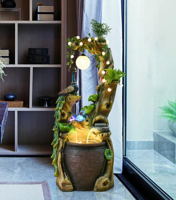 Chinese Style Peacock Zen Rockery Flowing Water Fountain Landscape Fortune-giving Gift Ornaments Root Carving Feng Shui Ball