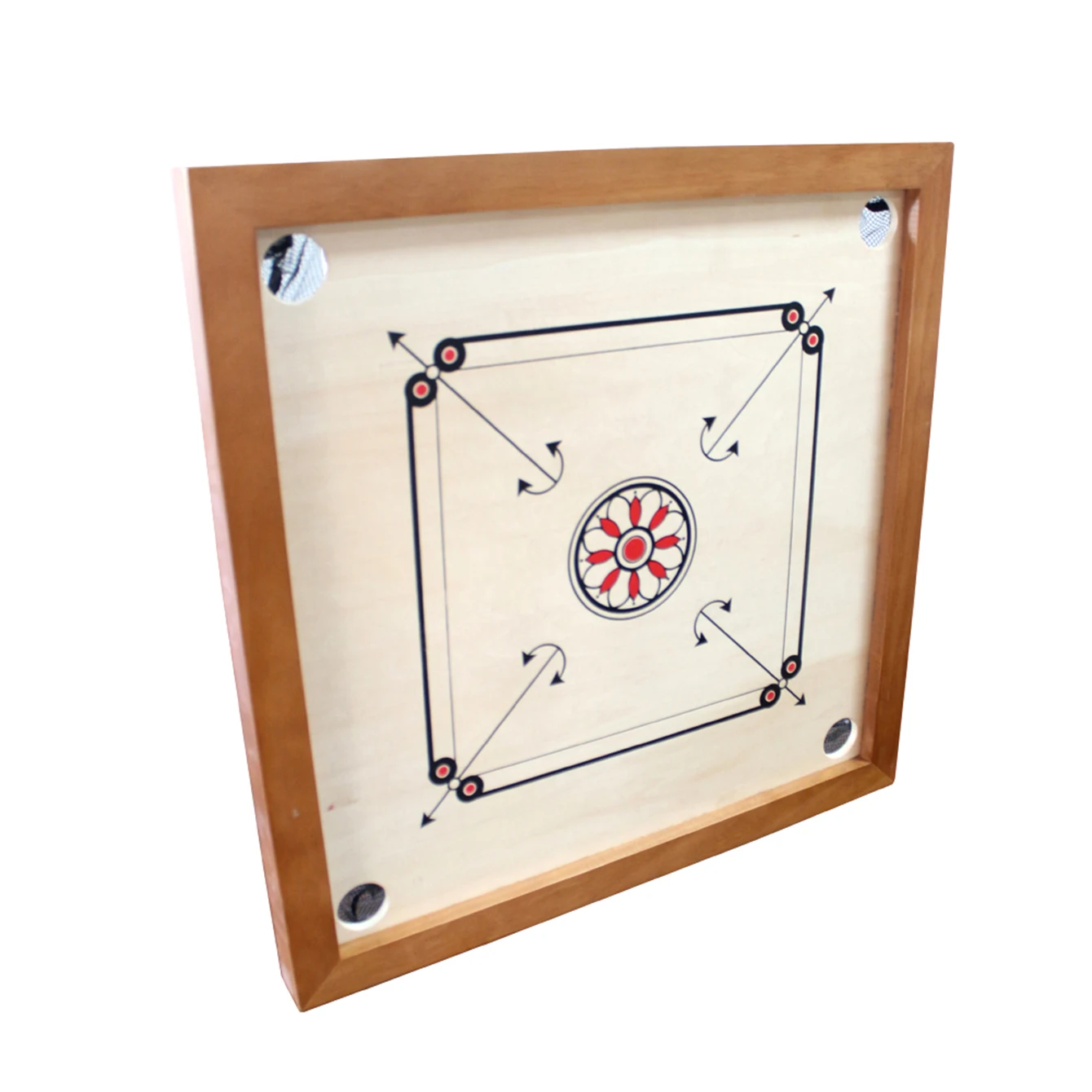 Wooden Carrom and Sling Puck in One Board 4-player game 26 x 26 Inch Strike and Pocket Game with Cue Sticks