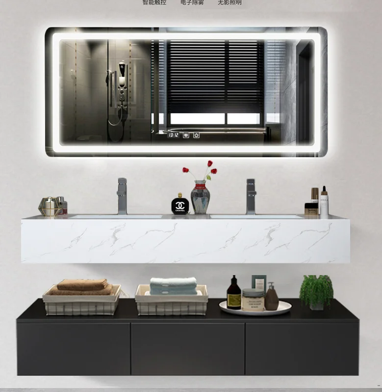 Waterproof Wooden Wall Mounted Wash Basin Vanity Mirror Sink Cabinet Modern Bathroom Furniture Marble Rectangular Table Top Sink