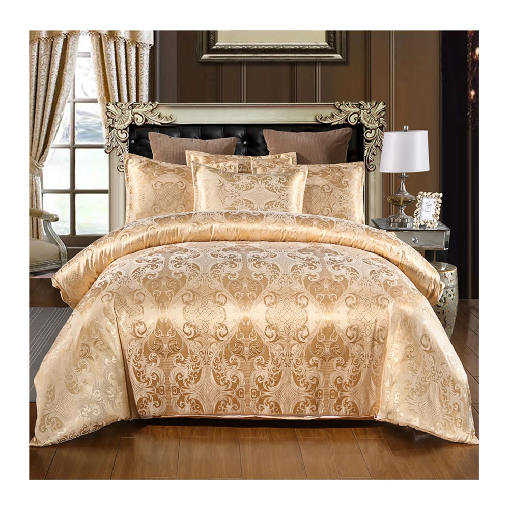 European Style Oeko-tex Custom Jacquard Navy Blue Satin Wedding Bedding Sets for