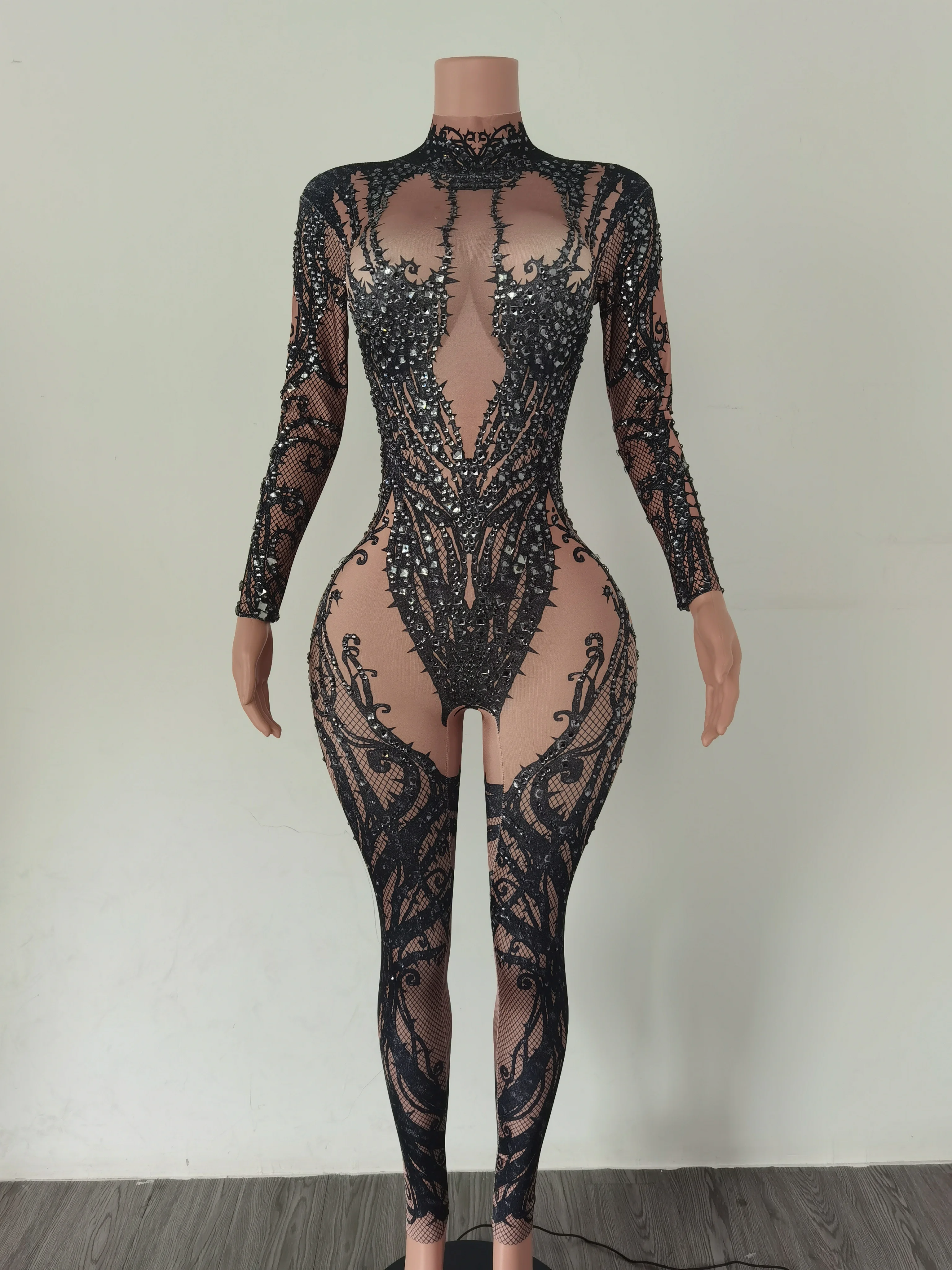 2023 New Arrivals Stretch Skinny Formal Bodysuits Vintage Long Sleeve Banquet Leotard Sexy Rhinestone Women Party Playsuits