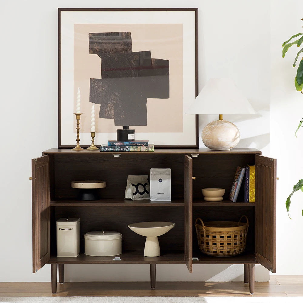 Adjustable Shelf Large Capacity Kitchen Cupboards Solid Wood Walnut Three-Door Storage Rattan Cabinet With Beech-Rattan Door