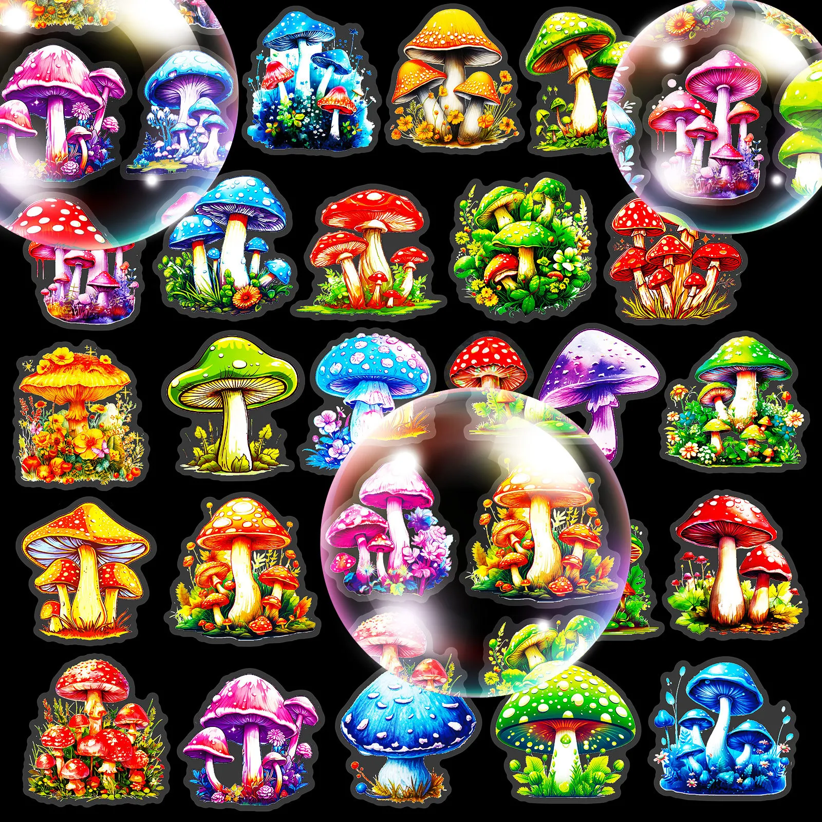 50 Pcs various mushroom PET stickers creative mushroom themed tent decoration stickers waterproof retro plant mushroom stickers