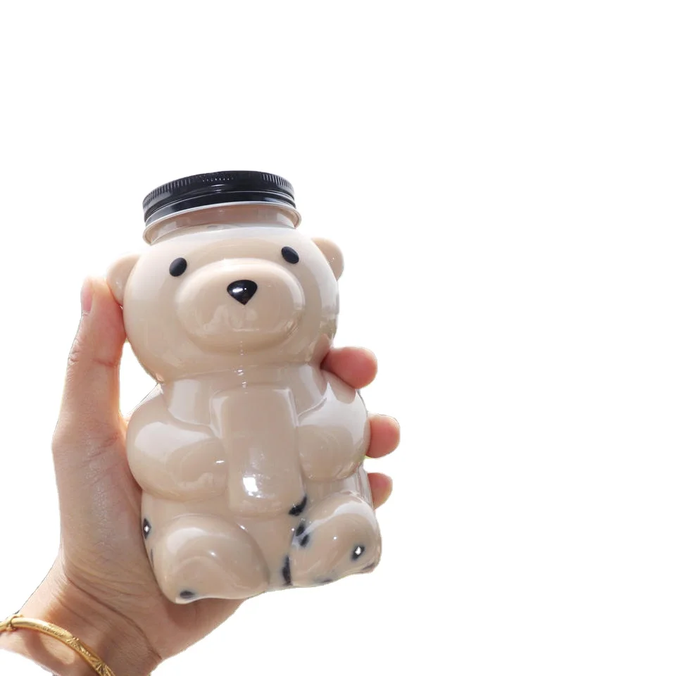 430ml Pet Plastic Juice Bear Bottles Drinking Bottles Cute Bear shape milk boba tea bottle cup with lid