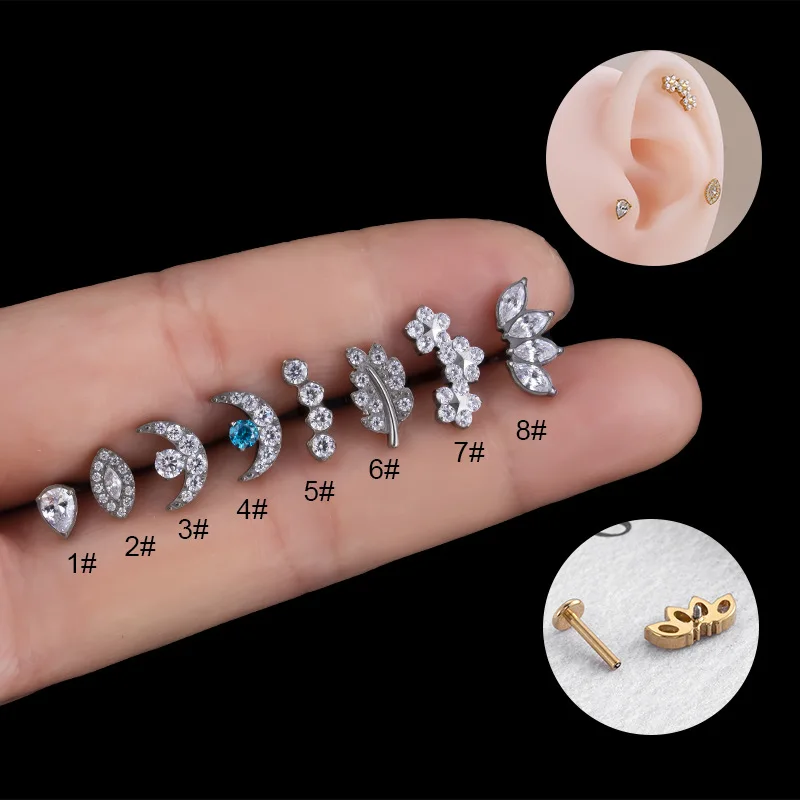 Moon leaf zircon f136 titanium piercing jewelry women ear septum helix cartilage tragus piercing earring jewelry