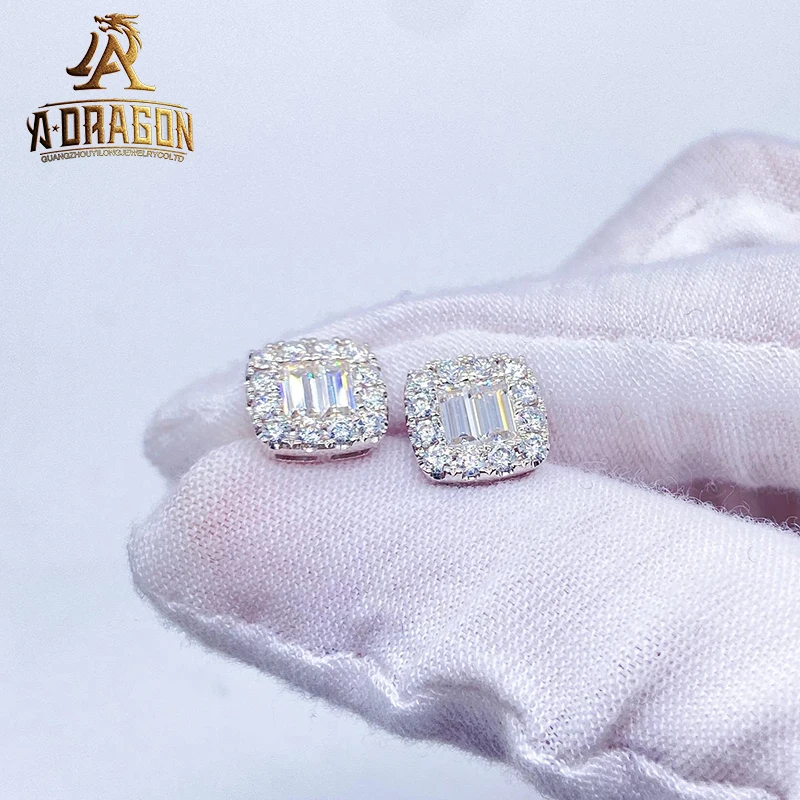 VVS Stud Moissanite Earrings Factory Wholesale Pass Diamond Test Bling Ice Out Square Buagette Brilliant Cut 925 Silver Jewelry