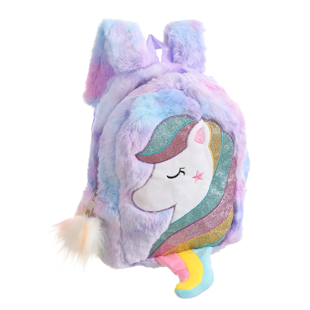 
2021 private Lable Wholesale Rainbow Embroidery Velvet Fur High Quality Casual Kawaii Unicorn Childrean Campling School Backpack 