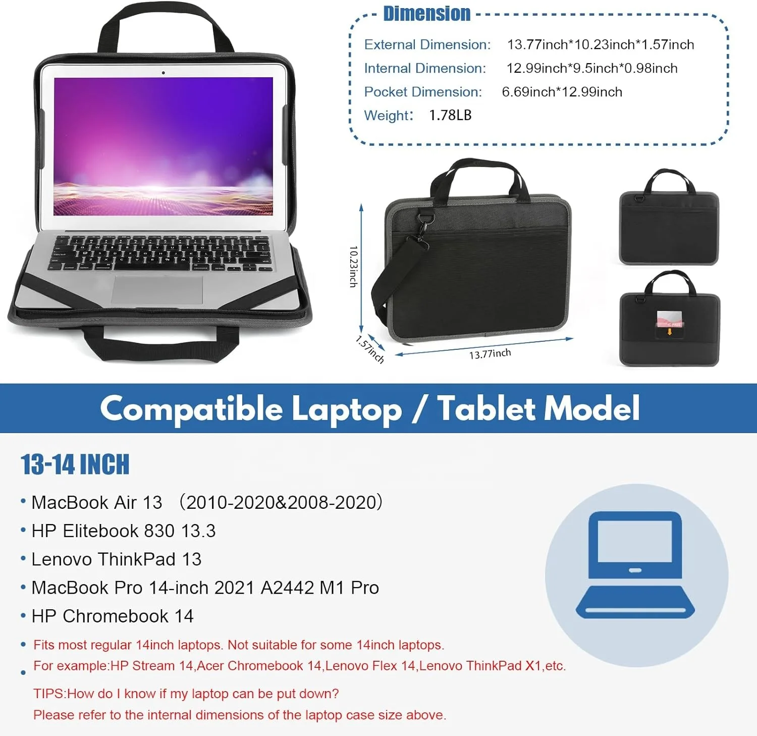 OEM Custom Print Hard EVA Laptop Sling Bag Computer Cover Cases Messenger Laptop Carry Business Bag with Handle Black for Women