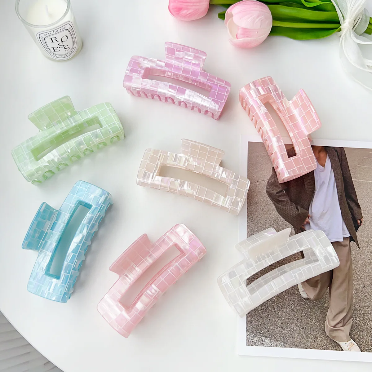 YJL New Design Square Shape Design Girls Shiny Clip 10.5cm Hair Claw Clip Outdoor PVC Hair Claw For Thick Hair