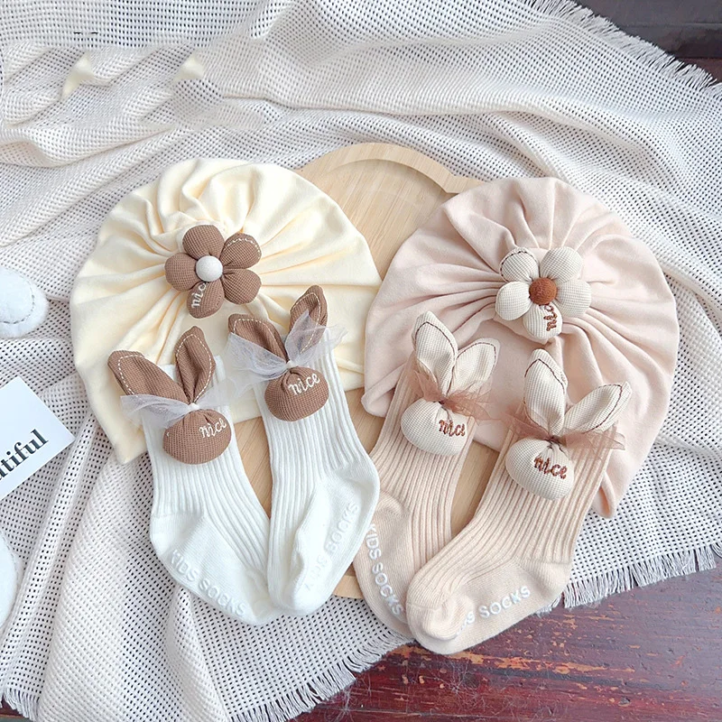 Rabbit lace fetal cap set newborn baby hat newborn winter baby sock cap set