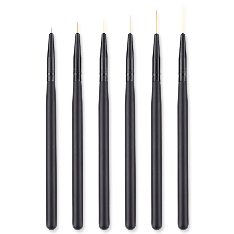 6 pcs 5MM 7MM 9MM 11MM 25MM Synthatic Nylon Hair Striping Liner Brushes Set All Black Wooden Handle Black Ferrule Liner Brushes
