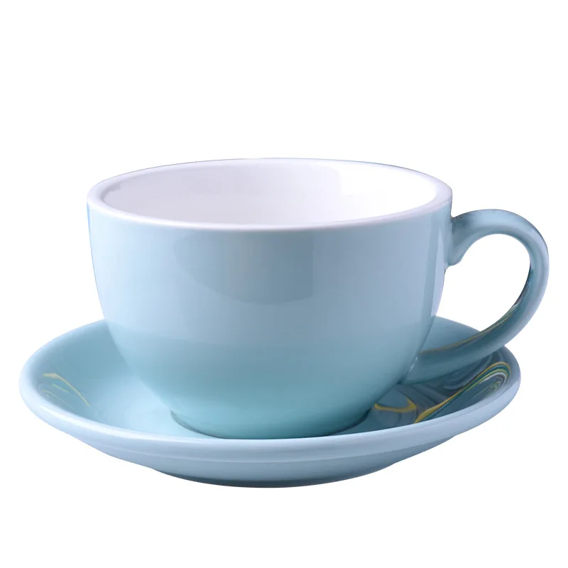 New trend customize ceramic 300ml colored coffee cups saucers set americano latte cup and saucer for cafe shop