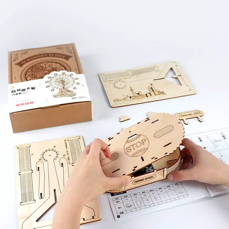 Custom Adult Children 3D DIY Jigsaw Game Assembly Model Educational Toy Ferris Wheel 3D Wooden Puzzle Wood Craft