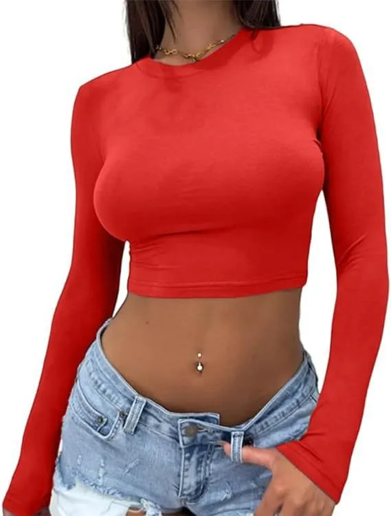 2024 Cross border Fall New Inner Wear Long Sleeve Top Solid Color Round Neck Slim Short T Women s T Shirt