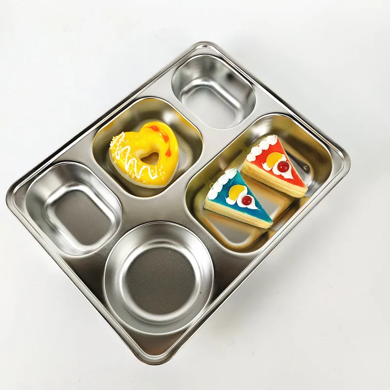 Adult & Kids 5 compartments dinner plate Stainless Steel Rectangular Thali Plate, Metal Thali, Mess Trays for hospital
