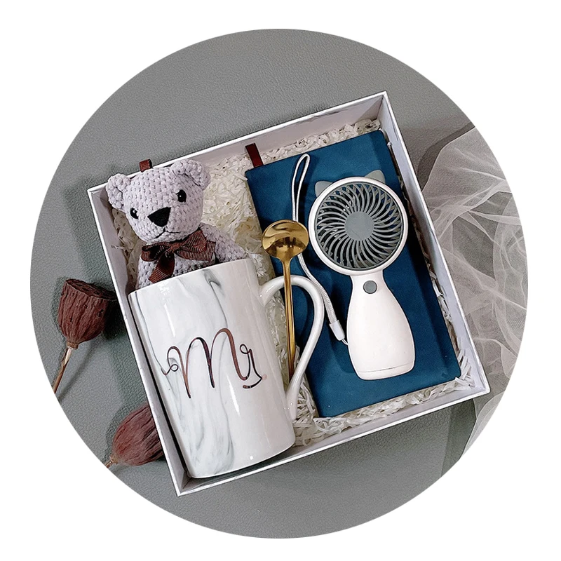 Promotional Product Set Custom Logo Mug + Spoon + Bear + Notebook + USB Fan Gift 5 Piece Set of Custom Logo Business gift