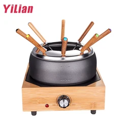 Electric Bamboo Base 8 persons Household Icecream Cheese Chocolate Tapas Melting Pot Tray Stainless Steel 304 Fondue Hot Pot