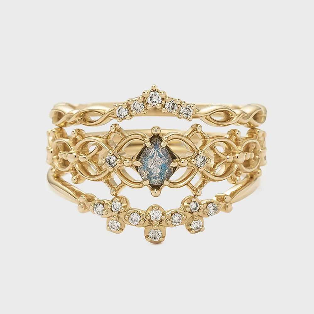 925 Sterling Silver 14K Gold Plated Gemstone Cz Zircon Fashion Hollow Simple Clover Labradorite Ring