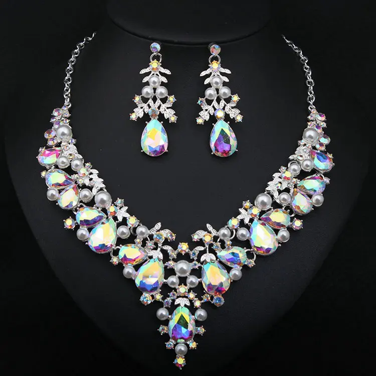 QS Newest African big Diamond Necklace Earring Jewelry Sets for women Wedding Party indian heavy jewelry Set
