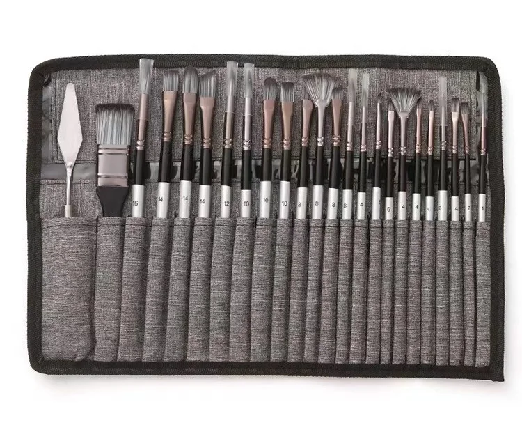 24pcs professional nylon hair wooden handle watercolor gouache oil painting brush pen with canvas bag