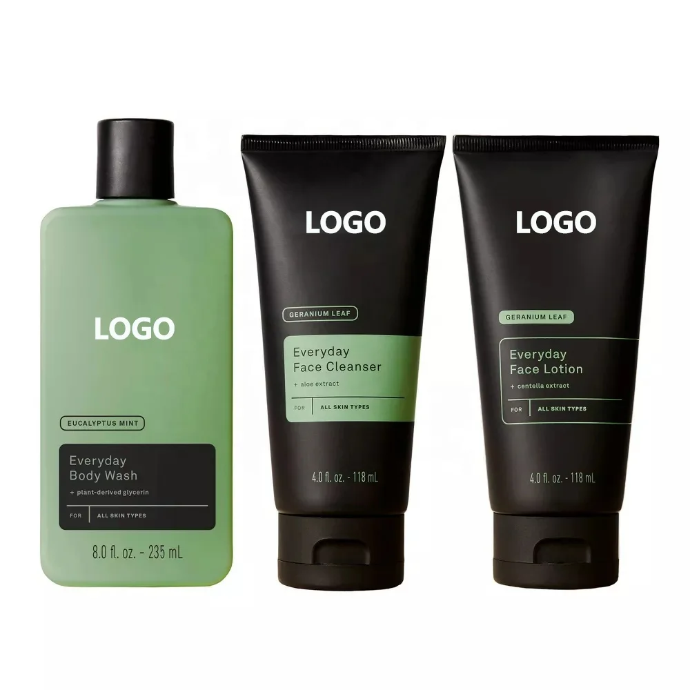 Refreshing Everyday Body Wash Shower Gel For Male + Mint Deep Exfoliating Face Cleanser + Lightweight Face Lotion For Men